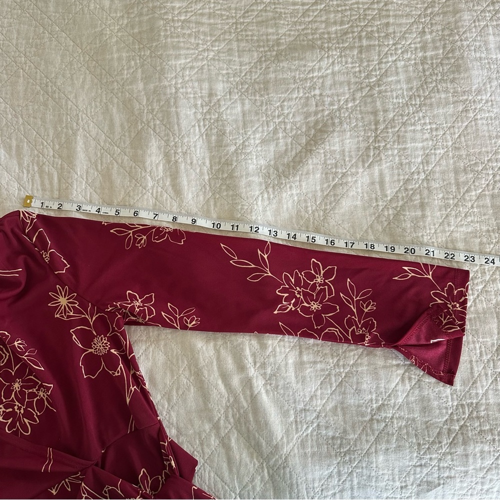 Floral Burgundy Wrap Midi Dress V-Neck Long Sleeve Stretchy 7/8 🔥 - Picture 5 of 8